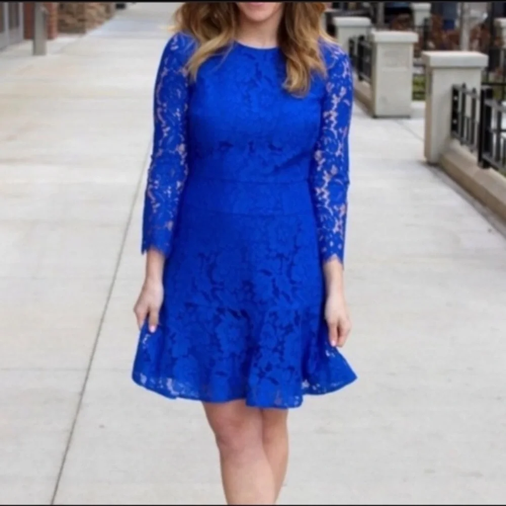 J. Crew Cobalt Blue Lace Long Sleeves Ruffle Dress - Picture 2 of 15